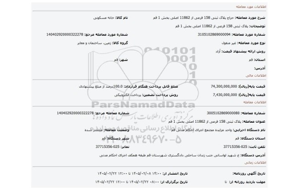 مزایده، پلاک ثبتی 158 فرعی از 11862 اصلی بخش 1 قم