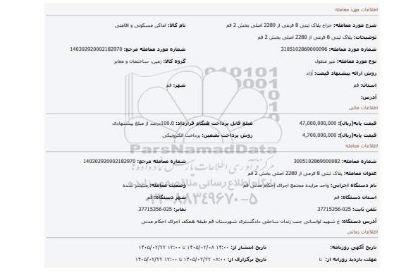 مزایده، پلاک ثبتی 8 فرعی از 2280 اصلی بخش 2 قم