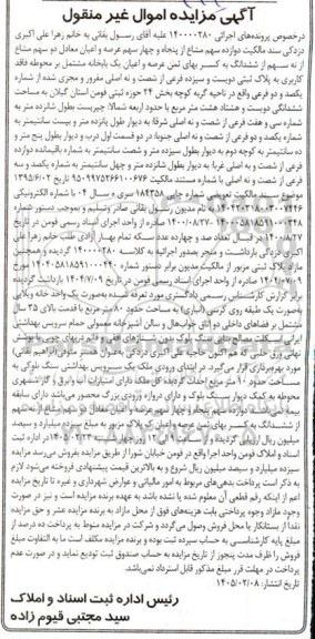 مزایده دو سهم مشاع از نه سهم از ششدانگ به کسر بهای ثمن عرصه و اعیان یک بابخانه مشتمل بر محوطه فاقد کاربری به مساحت دویست و هشتاد هشت متر مربع 