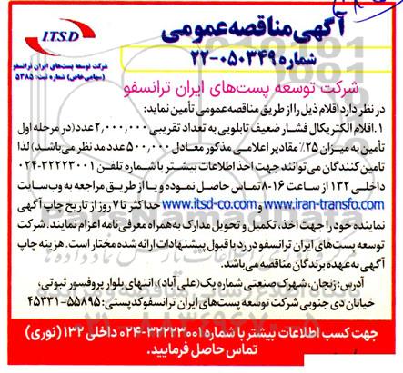مناقصه اقلام الکتریکال فشار ضعیف تابلویی به تعداد تقریبی 2.000.000 عدد ...