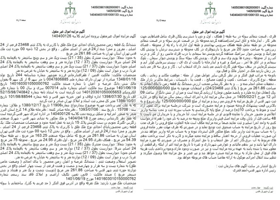 مزایده ششدانگ یک قطعه زمین محصور بابنای احداثی نوع ملک طلق با کاربری به پلاک ثبتی 23468 فرعی از 24 اصلی