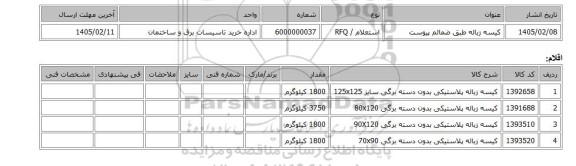 استعلام، کیسه زباله طبق ضمائم پیوست