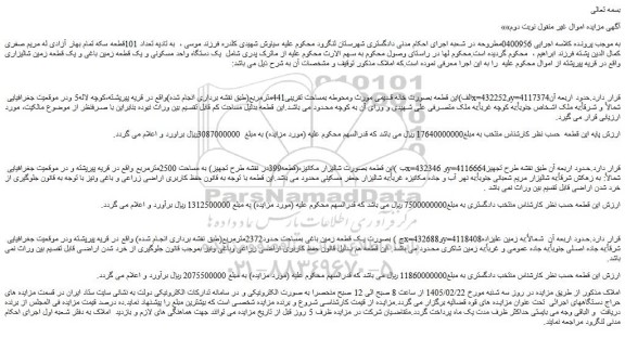 مزایده یک دستگاه واحد مسکونی و یک قطعه زمین باغی و یک قطعه زمین شالیزاری