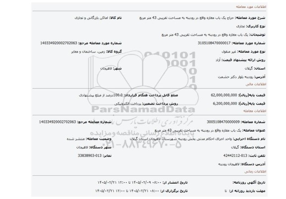 مزایده، یک باب مغازه واقع در رودبنه به مساحت تقریبی 43 متر مربع