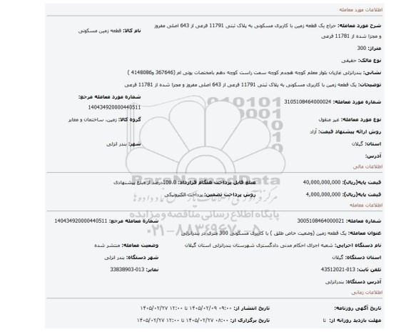 مزایده، یک قطعه زمین با کاربری مسکونی به پلاک ثبتی 11791 فرعی از 643 اصلی مفروز و مجزا شده  از 11781 فرعی
