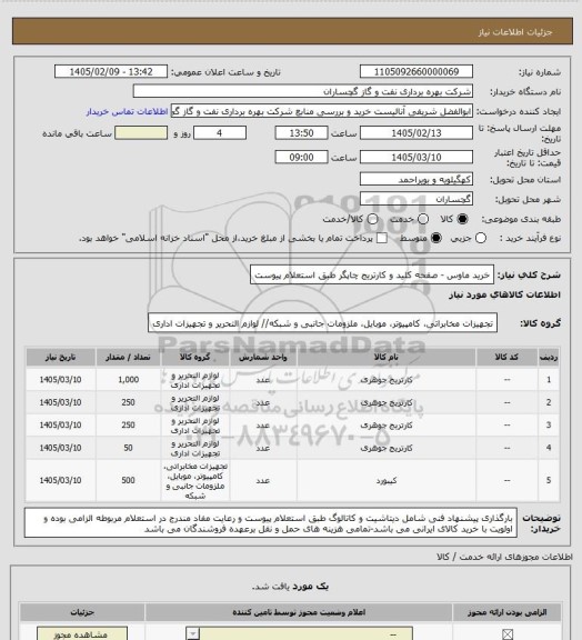 استعلام خرید ماوس - صفحه کلید و کارتریج چاپگر طبق استعلام پیوست