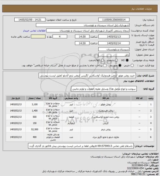 استعلام خرید روغن موتور /روغن هیدورلیک /واسکازین /گریس /روغن ترمز /ادبلو /طبق لیست پیوستی
