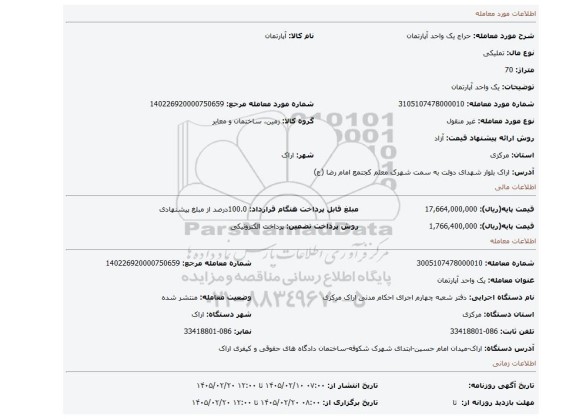 مزایده، یک واحد آپارتمان