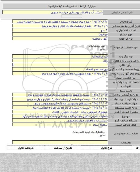 مناقصه, عملیات اجرایی تکمیل مجتمع های ابرسانی وحدت و بقال شهرستان زیرکوه