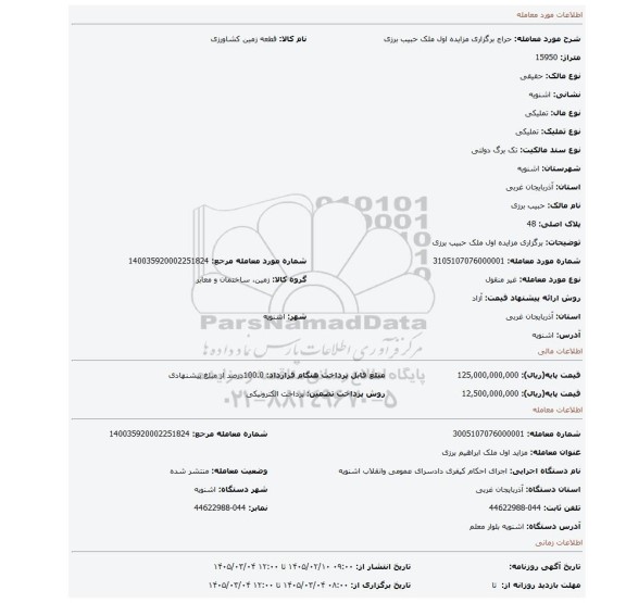 مزایده، برگزاری مزایده اول ملک حبیب برزی