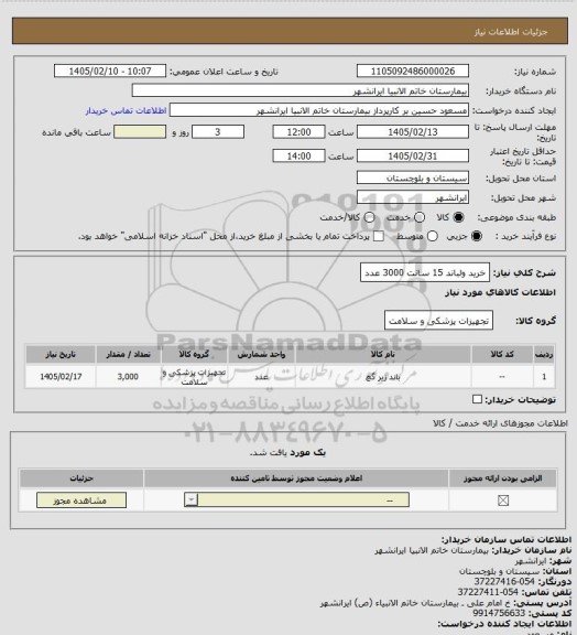 استعلام خرید ولباند 15 سانت 3000 عدد
