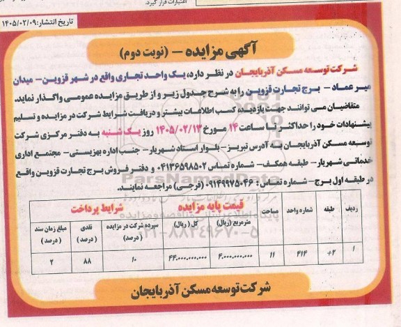 مزایده واگذاری یک واحد تجاری