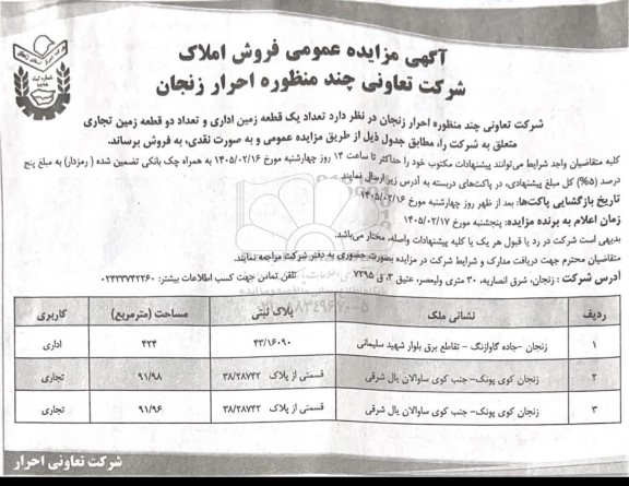 آگهی مزایده عمومی فروش املاک