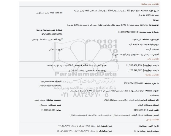 مزایده، حزاج 323 سهم مشاع از 1796 سهم ملک مشاعی قطعه زمین بایر به مساحت 1796 مترمربع