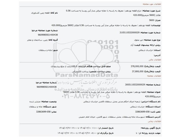 مزایده،  قطعه نوزدهم : معروف به راسته با حقابه عرفی مدار آبی روستا به مساحت 0.56 هکتار (5600 مترمربع)420.000