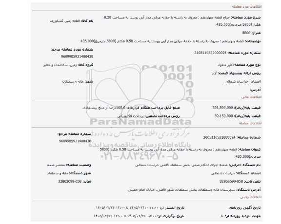 مزایده، قطعه چهاردهم : معروف به راسته با حقابه عرفی مدار آبی روستا به مساحت 0.58 هکتار (5800 مترمربع)435.000