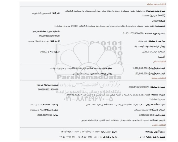 مزایده،  قطعه دهم : معروف به راسته با حقابه عرفی مدار آبی روستا و به مساحت 2.4هکتار (24000 مترمربع) معادل 1.