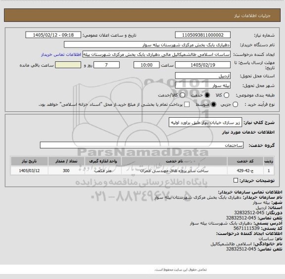 استعلام زیر سازی خیابان بهار  طبق براورد اولیه