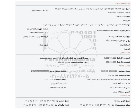 مزایده، ملک مورد تعرفه  عبارتست یک واحد مسکونی اسکلت فلزی با زیر بنای  حدود  55  مترمربع  با سرویس بهداشتی د