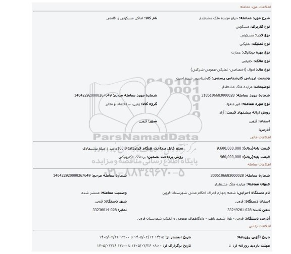 مزایده، مزایده ملک مشعلدار