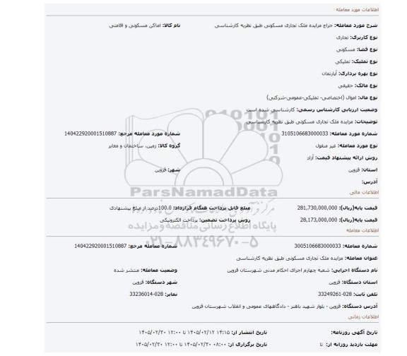 مزایده، مزایده ملک تجاری مسکونی طبق نظریه کارشناسی