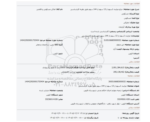 مزایده، مزایده 1سهم از 13 سهم از 144 سهم طبق نظریه کارشناسی