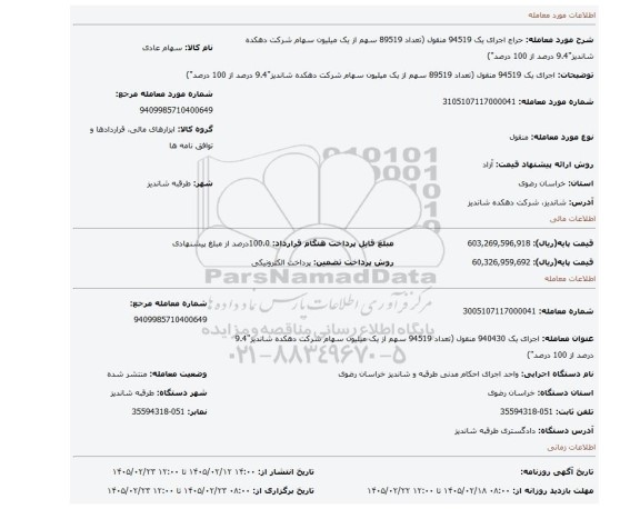 مزایده، اجرای یک 94519 منقول (تعداد 89519 سهم از یک میلیون سهام شرکت دهکده شاندیز