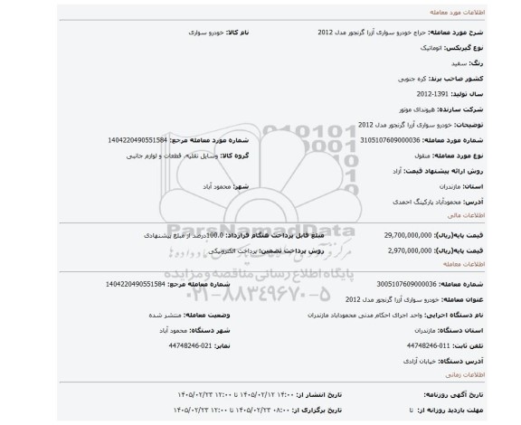 مزایده، خودرو سواری آزرا گرنجور مدل 2012