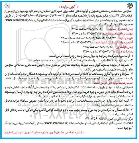 مزایده بهره برداری از برخی از غرفات تالار 24 میدان مرکزی میوه و تره بار