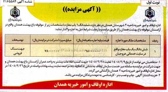 مزایده اجاره شش دانگ یک باب مغازه