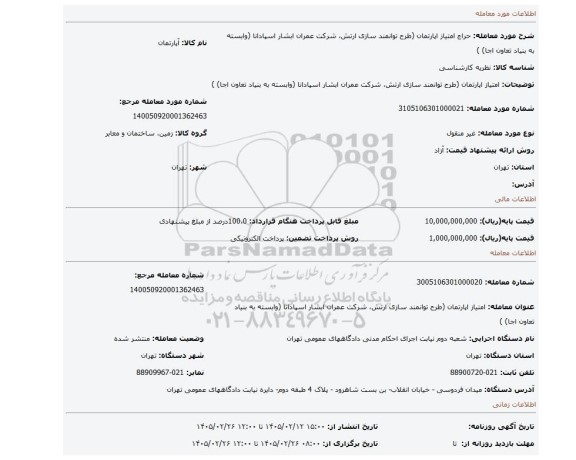 مزایده،  امتیاز اپارتمان (طرح توانمند سازی ارتش، شرکت عمران ابشار اسپادانا (وابسته به بنیاد تعاون اجا) )