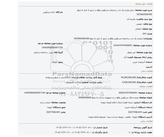 مزایده، مزایده یک باب ساختمان مسکونی واقع در شهر ک ایثار به مبلغ 54/500/000/000