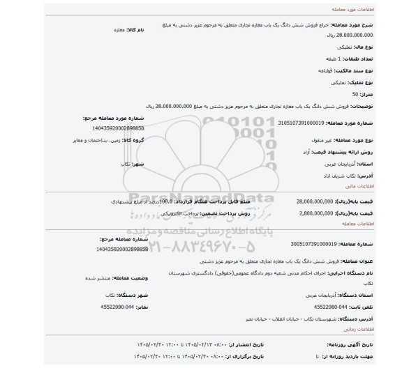 مزایده، فروش شش دانگ یک باب مغازه تجاری متعلق به مرحوم عزیز دشتی به مبلغ 28.000.000.000 ریال