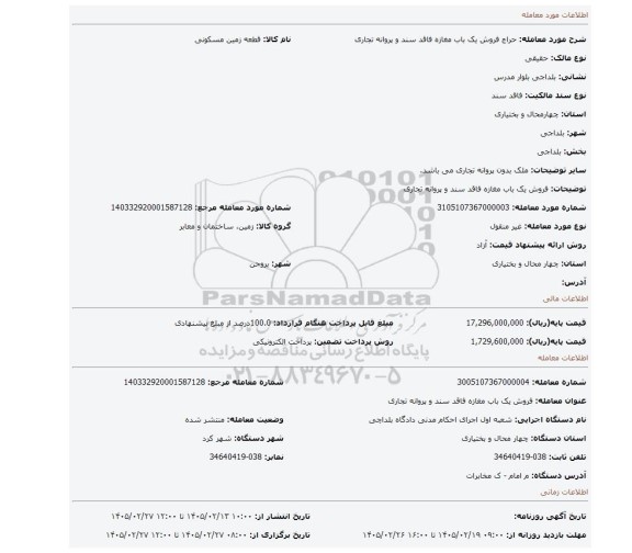 مزایده، فروش یک باب مغازه فاقد سند و پروانه تجاری