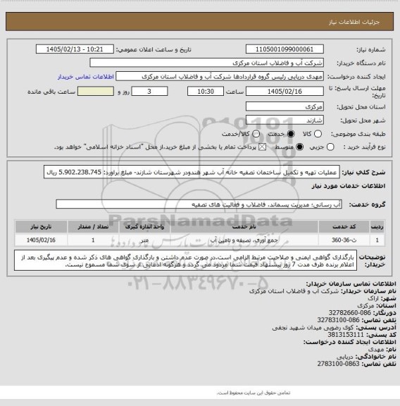 استعلام عملیات تهیه و تکمیل ساختمان تصفیه خانه آب شهر هندودر شهرستان شازند- مبلغ براورد: 5.902.238.745 ریال