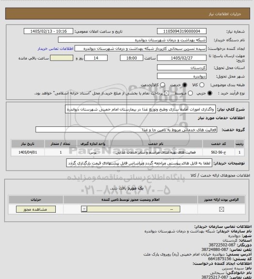 استعلام واگذاری امورات آماده سازی وطبخ وتوزیع غذا در بیمارستان امام خمینی شهرستان دیواندره