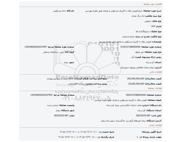 مزایده، فروش ملک با کاربری مسکونی و تجاری طبق نظریه پیوستی