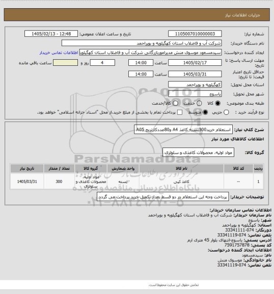 استعلام استعلام خرید300بسته کاغذ A4   و80عددکارتریج A05
