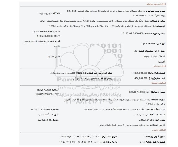 مزایده، یک دستگاه خودروی سواری ام وی ام ایکس 33 دنده ای -پلاک انتظامی 383 و 32 ایران 36-رنگ خاکستری-مدل1390-