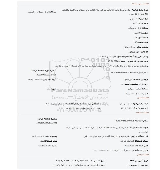 مزایده، مزایده 2 دانگ از 6 دانگ یک باب خانه واقع در مرند روستای پیر بالاتحت پلاک ثبتی 462 فرعی از 12 اصلی