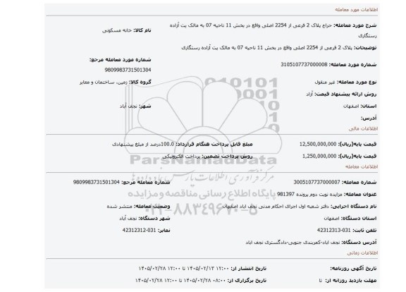 مزایده، پلاک 2 فرعی از 2254 اصلی واقع در بخش 11 ناحیه 07 به مالک یت آزاده رستگاری
