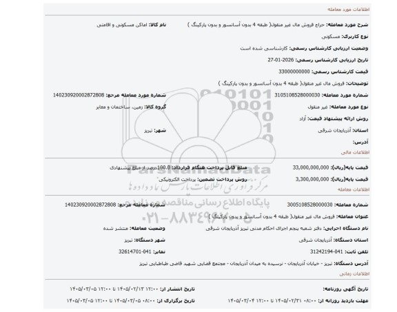 مزایده، فروش مال غیر منقول( طبقه 4 بدون آسانسور و بدون پارکینگ )