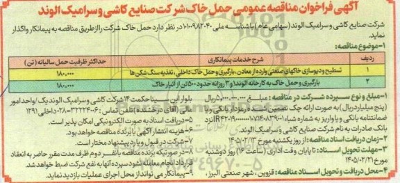 مناقصه تسطیح و دپوسازی خاکهای صنعتی وارده از معادن.....