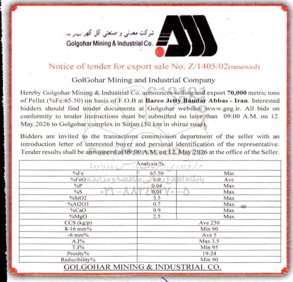 مناقصه و مزایده 70.000 metric tons of Pellet ...