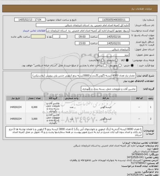 استعلام مقدار نیاز تعداد 8000 کیسه (گونی)گندم و 3000کیسه برنج کیلویی جنس پلی پروپیلن (پلاسنیکی)