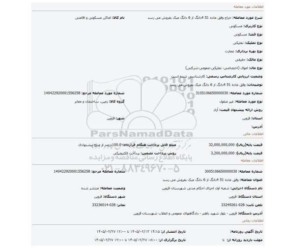 مزایده، وفق ماده 51 4دانگ از 6 دانگ مبک بفروش می رسد