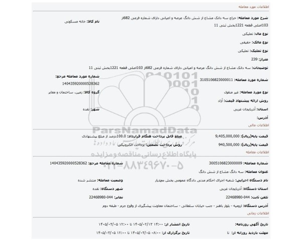 مزایده، سه دانک مشاع از شش دانگ عرصه و اعیانی دارای شماره فرعی 682از 103اصلی قطعه 1221بخش ثبتی 11