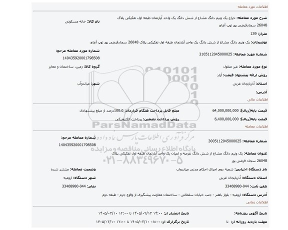 مزایده، یک ونیم دانگ مشاع از شش دانگ یک واحد آپارتمان طبقه اول تفکیکی پلاک 26048 سجادفرضی پور توپ آغاج