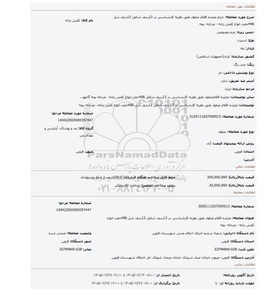 مزایده، مزایده اقلام منقول طبق نظریه کارشناسی در 12ردیف شامل 12ردیف شل 496جفت انواع کفش زنانه - مردانه- بچه