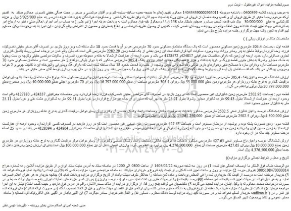 مزایده زمین قطعه اول : بمساحت 305.4 مترمربع زمین مسکونی